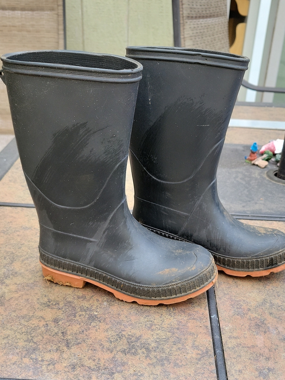 Black Rubber Rain Boots with Brown Soles